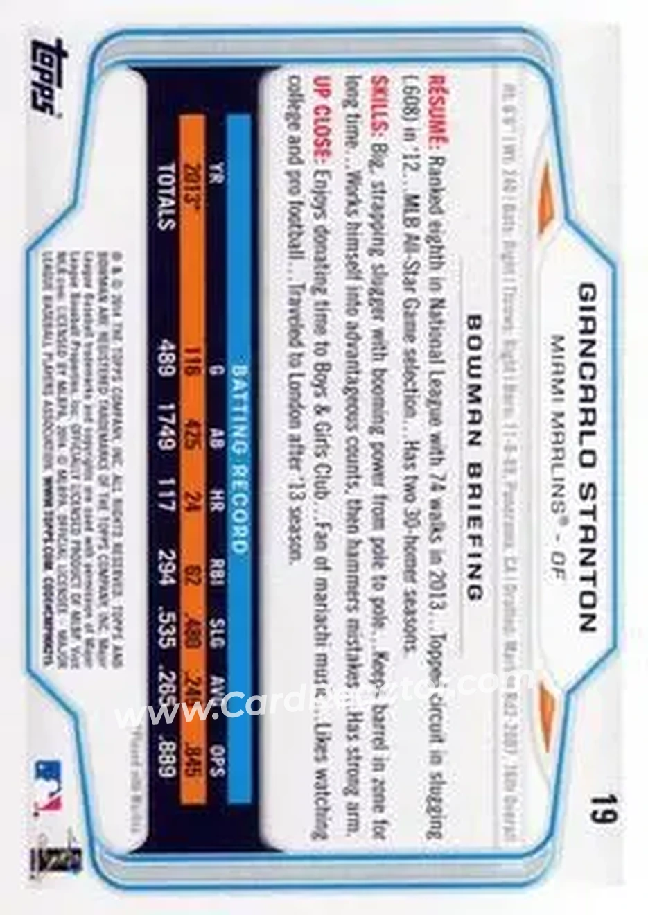 2014 Bowman #19 - Giancarlo Stanton - Miami Marlins - Back