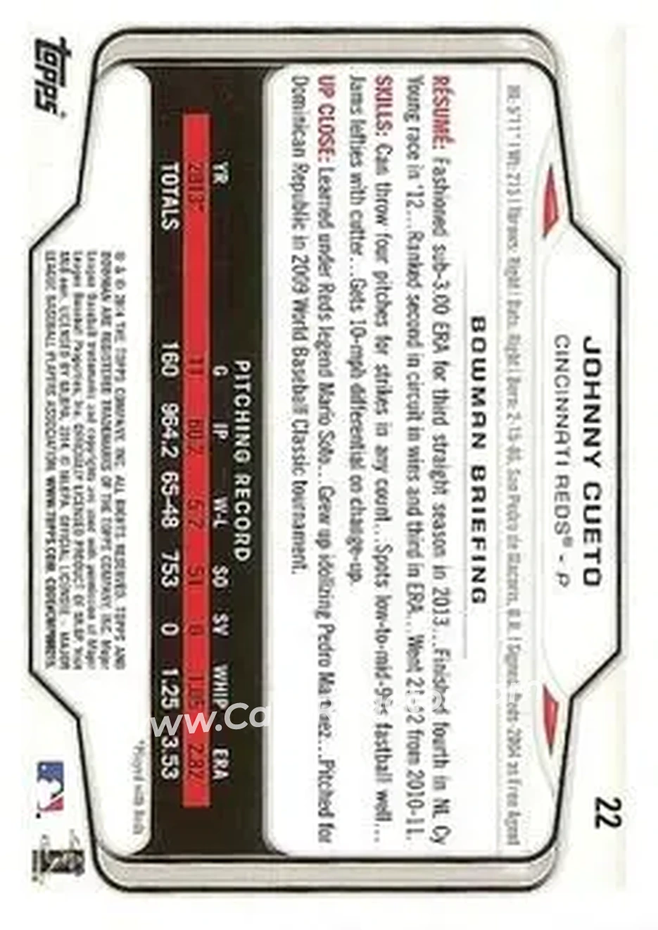 2014 Bowman #22 - Johnny Cueto - Cincinnati Reds - Back