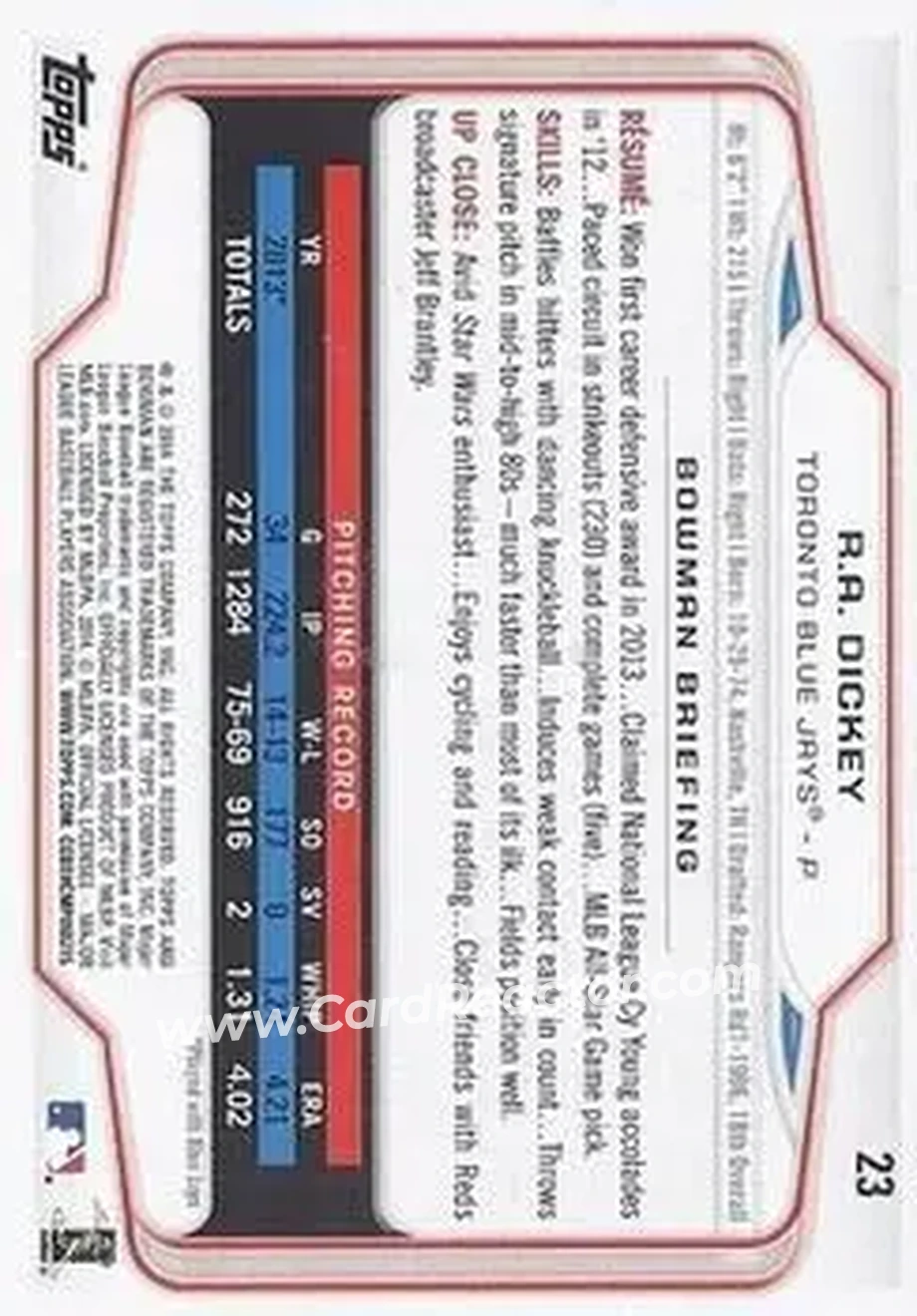 2014 Bowman #23 - R.A. Dickey - Toronto Blue Jays - Back