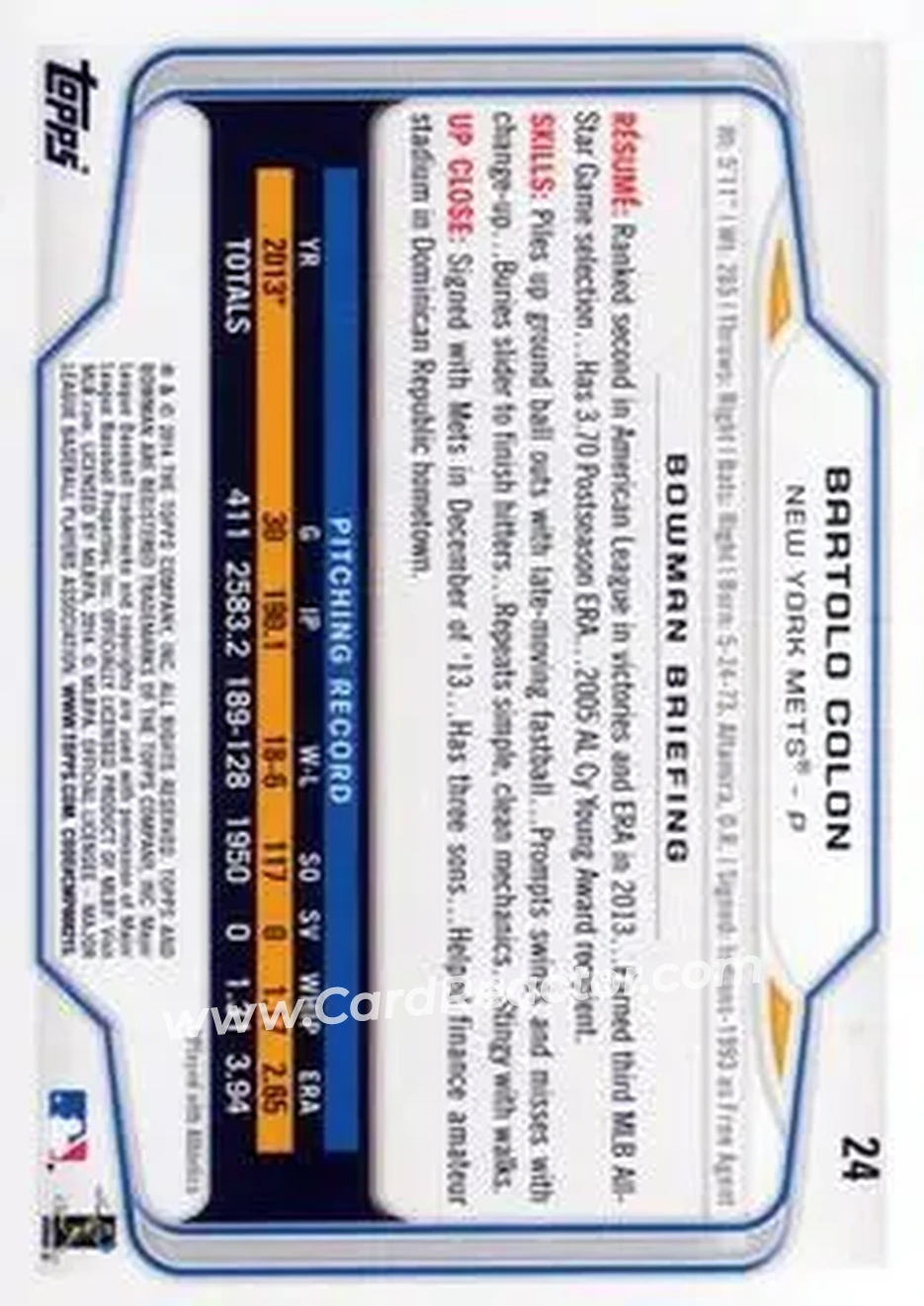 2014 Bowman #24 - Bartolo Colon - New York Mets - Back