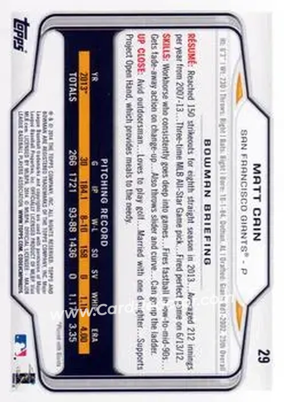 2014 Bowman #29 - Matt Cain - San Francisco Giants - Back