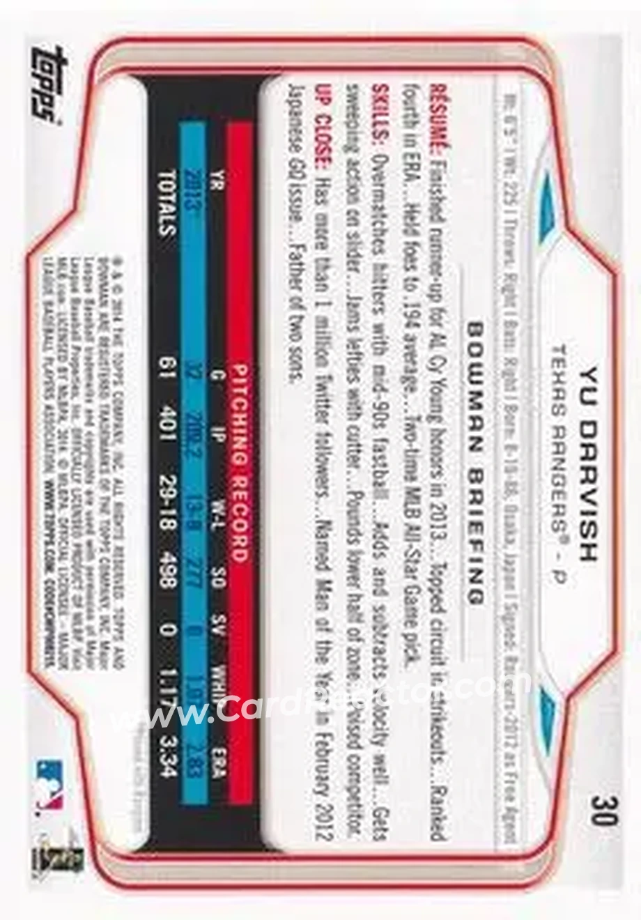 2014 Bowman #30 - Yu Darvish - Texas Rangers - Back