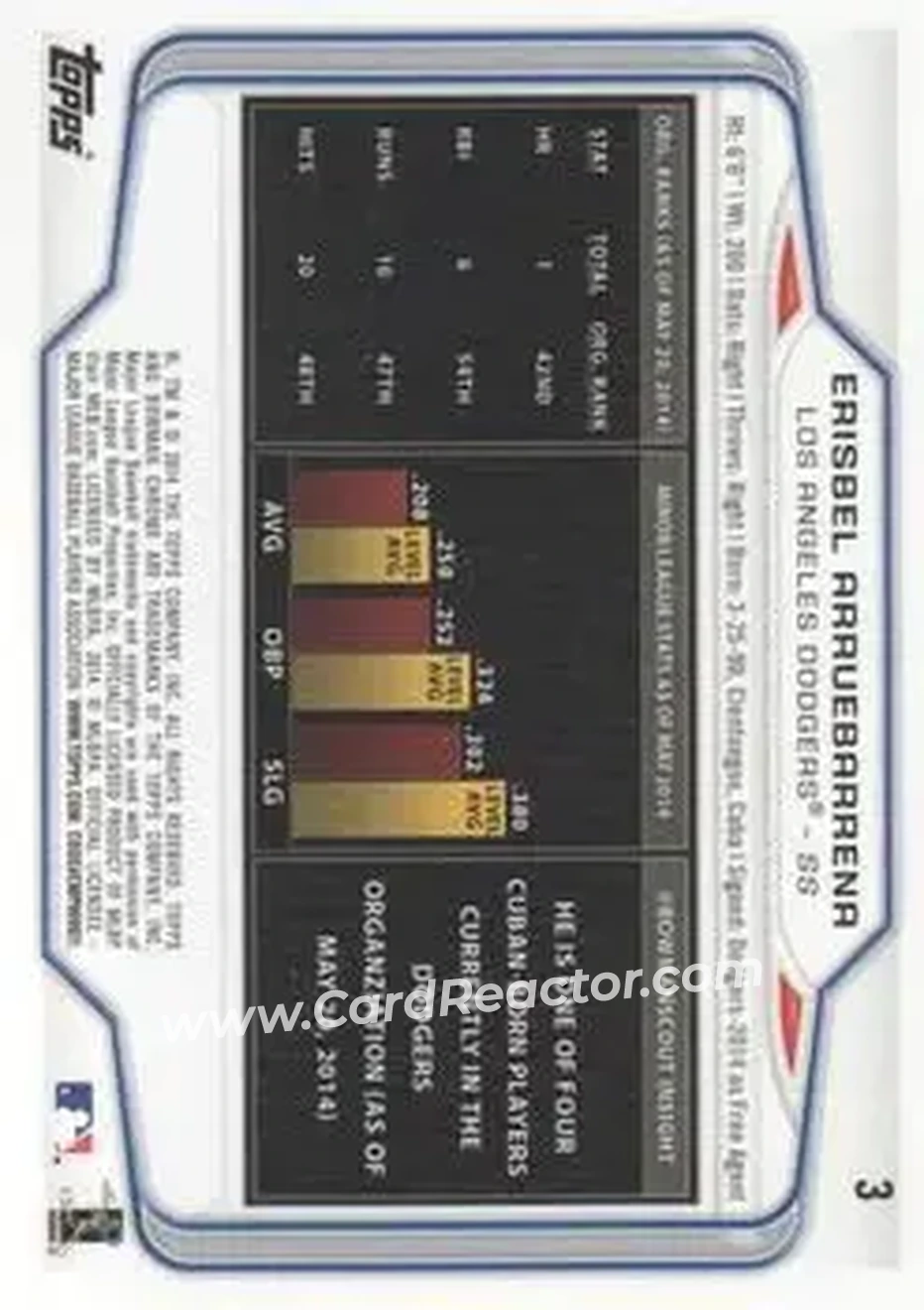 2014 Bowman Chrome #3 - Erisbel Arruebarrena - Los Angeles Dodgers - Back