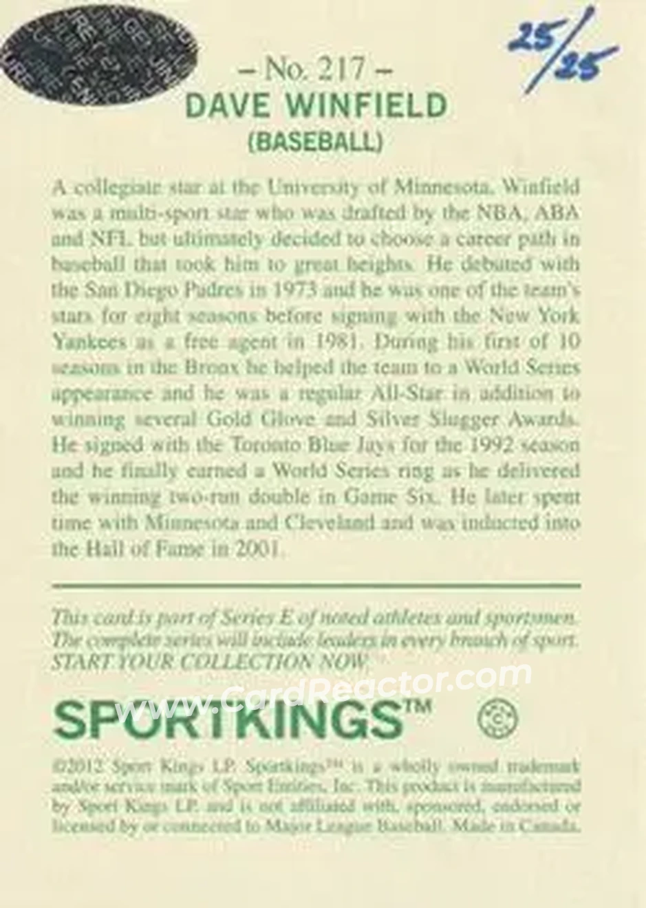 2015 Leaf Sportkings - Buyback Autos #217 - Dave Winfield - San Diego Padres - Back