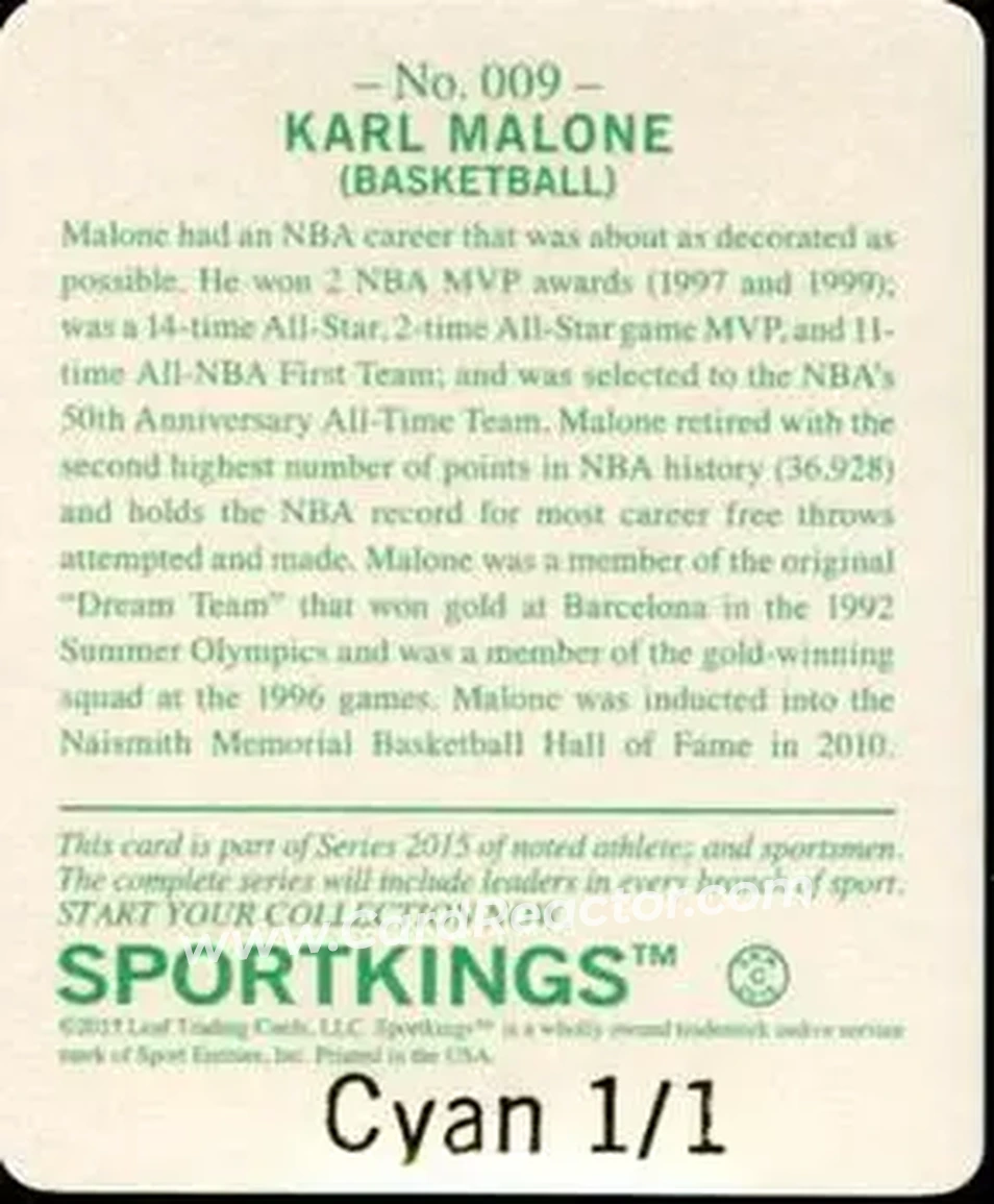 2015 Leaf Sportkings - Mini Printing Plate Cyan #009 - Karl Malone - Utah Jazz - Back