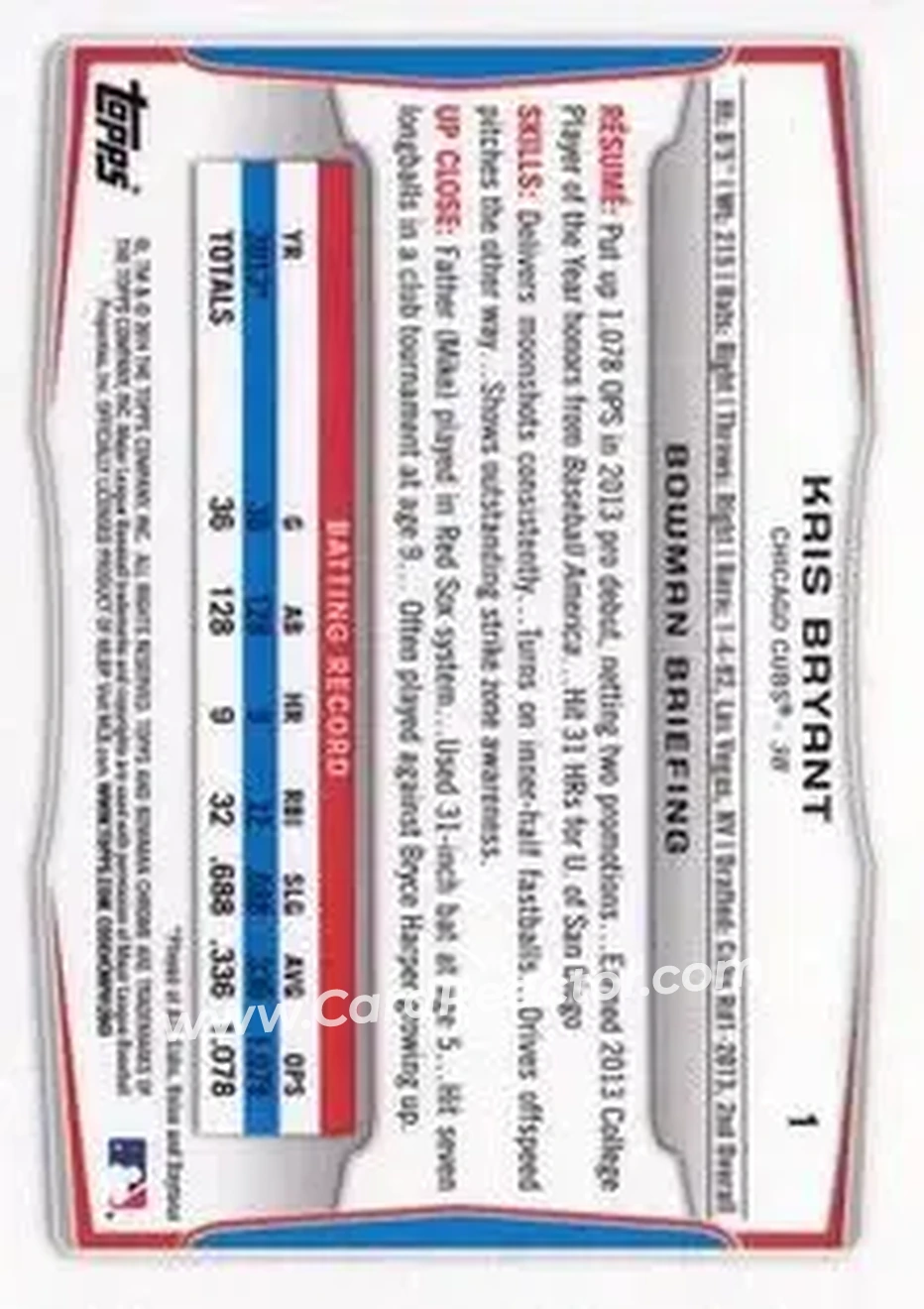 2014 Bowman Chrome Mini #1 - Kris Bryant - Chicago Cubs - Back