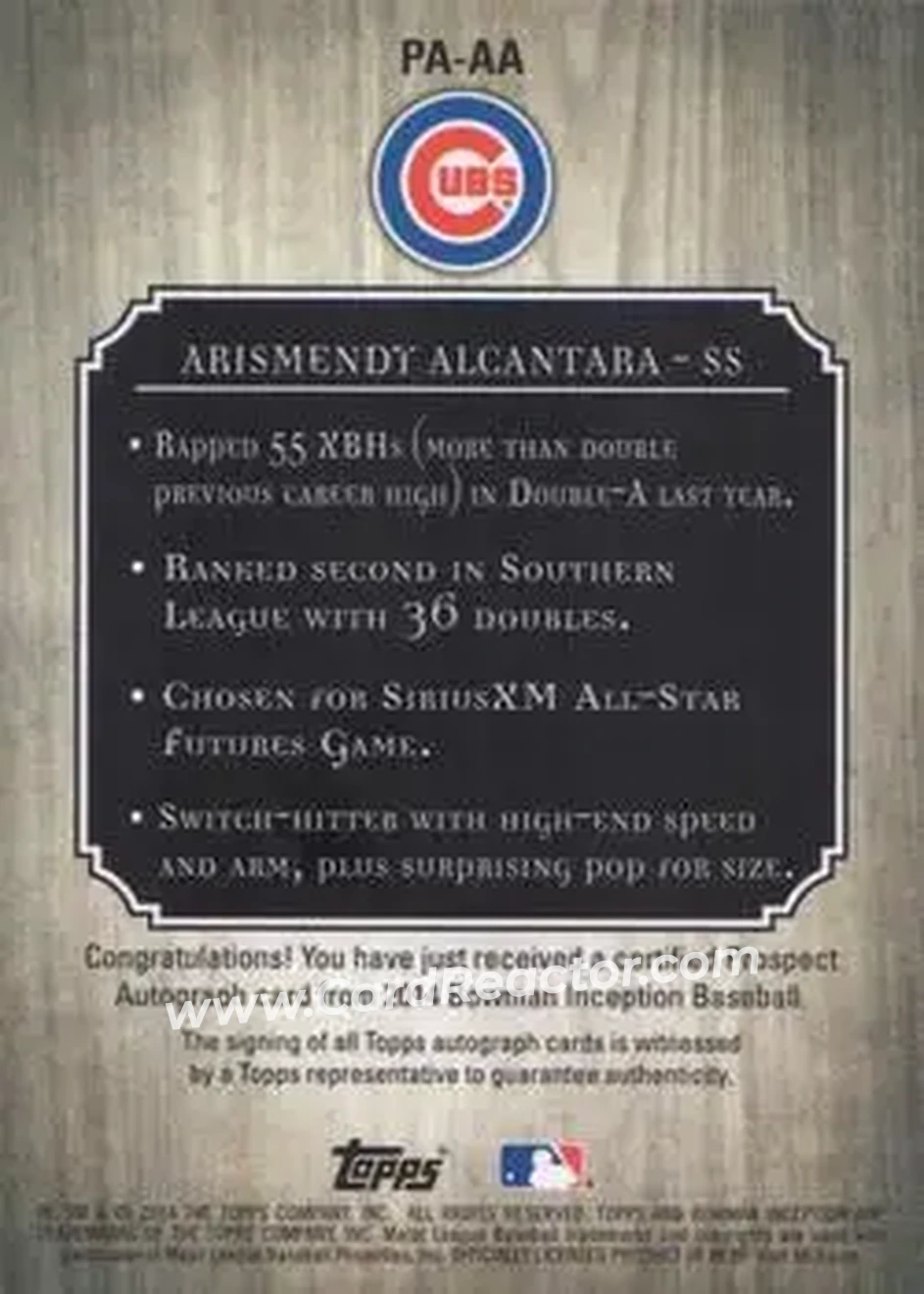 2014 Bowman Inception #PA-AA - Arismendy Alcantara - Chicago Cubs - Back 2014 Bowman Inception #PA-AA - Arismendy Alcantara - Chicago Cubs - Back