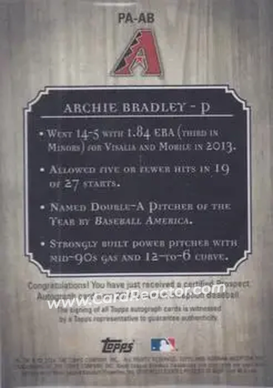 2014 Bowman Inception #PA-AB - Archie Bradley - Arizona Diamondbacks - Back