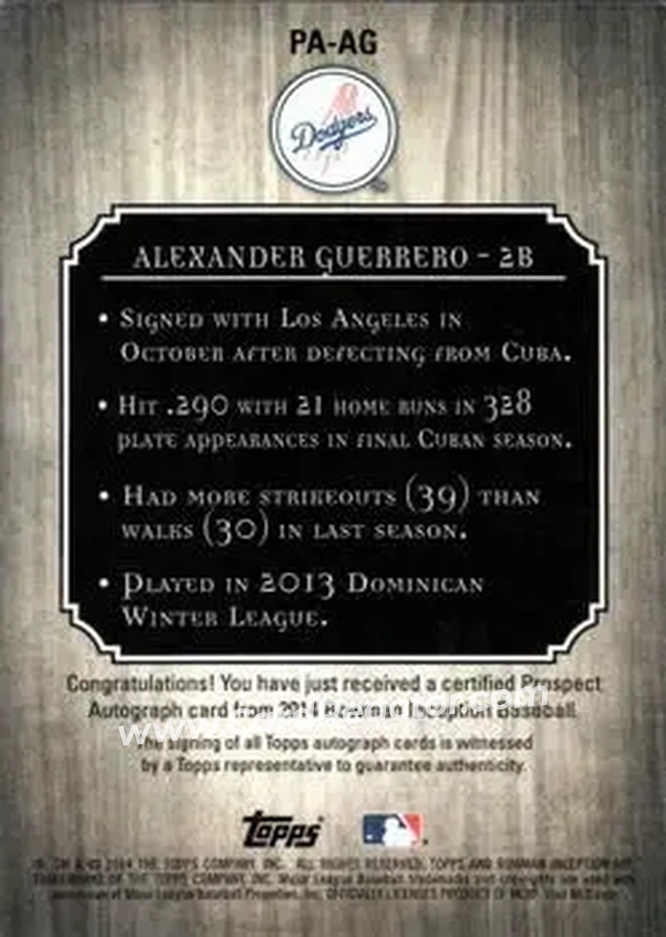 2014 Bowman Inception #PA-AG - Alex Guerrero - Los Angeles Dodgers - Back