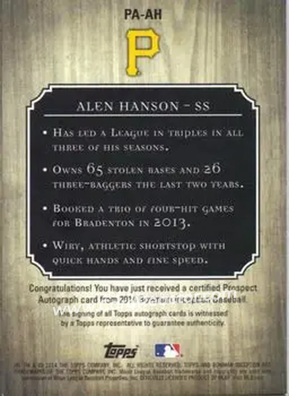 2014 Bowman Inception #PA-AH - Alen Hanson - Pittsburgh Pirates - Back
