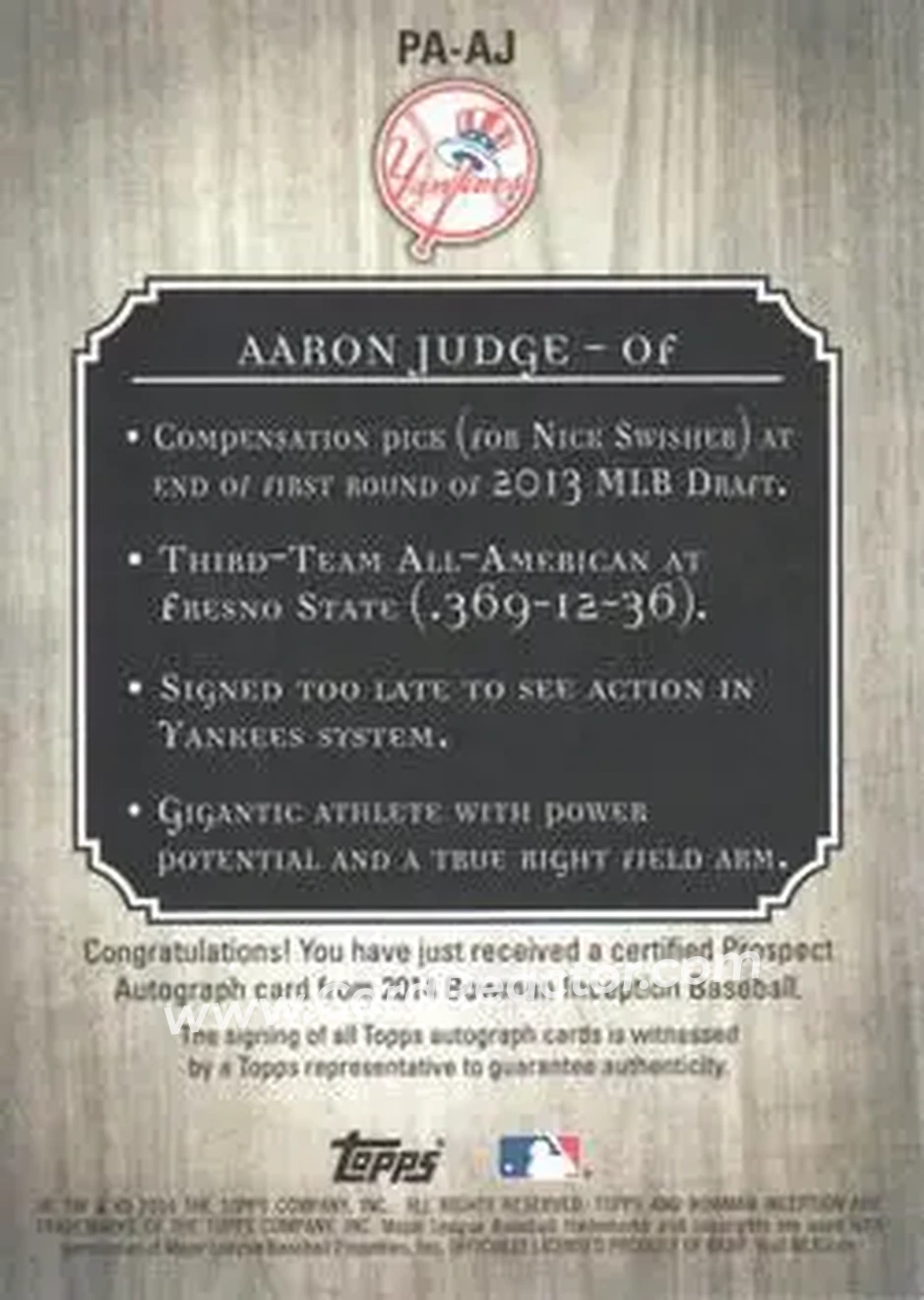 2014 Bowman Inception #PA-AJ - Aaron Judge - New York Yankees - Back 2014 Bowman Inception #PA-AJ - Aaron Judge - New York Yankees - Back