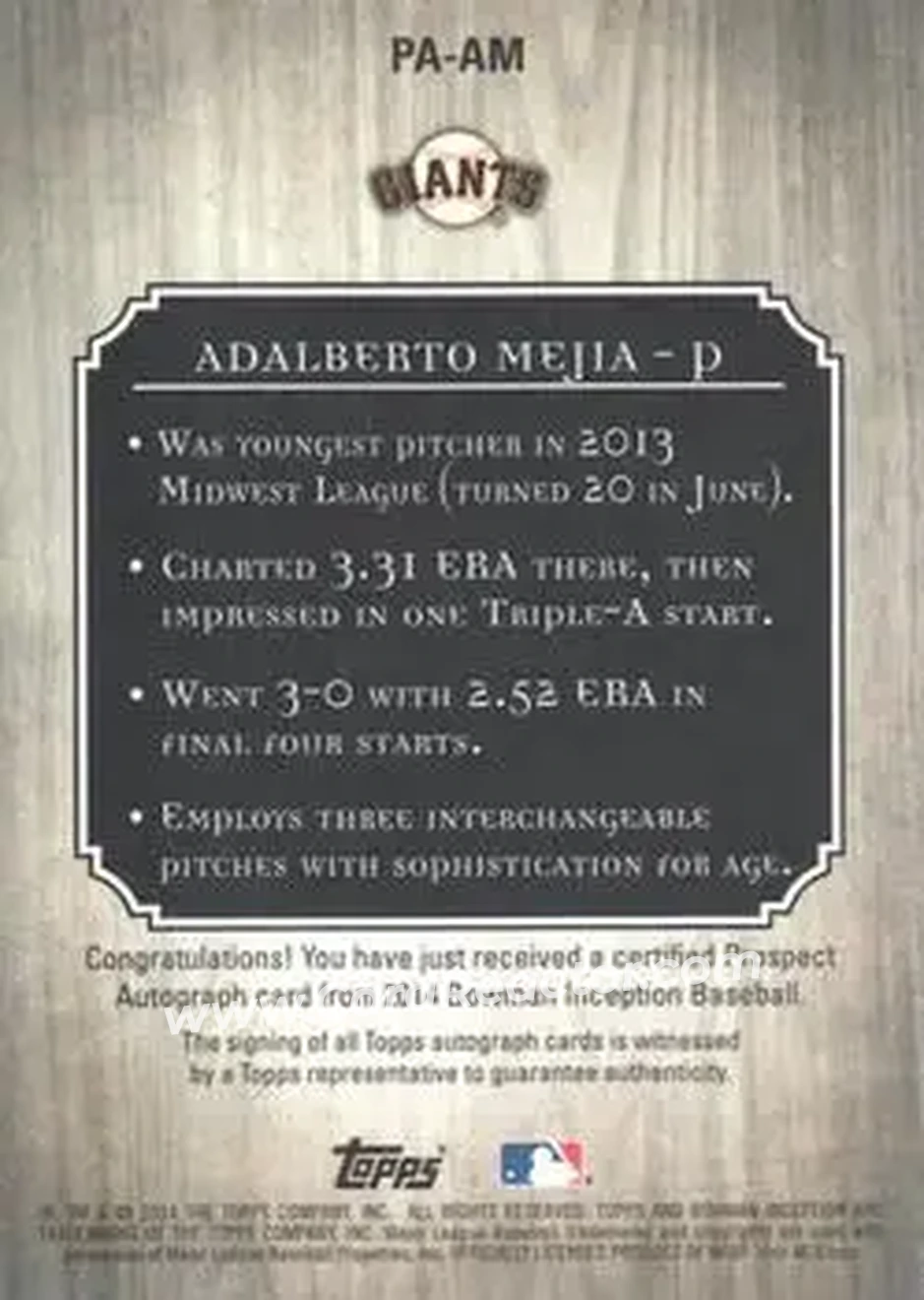2014 Bowman Inception #PA-AM - Adalberto Mejia - San Francisco Giants - Back