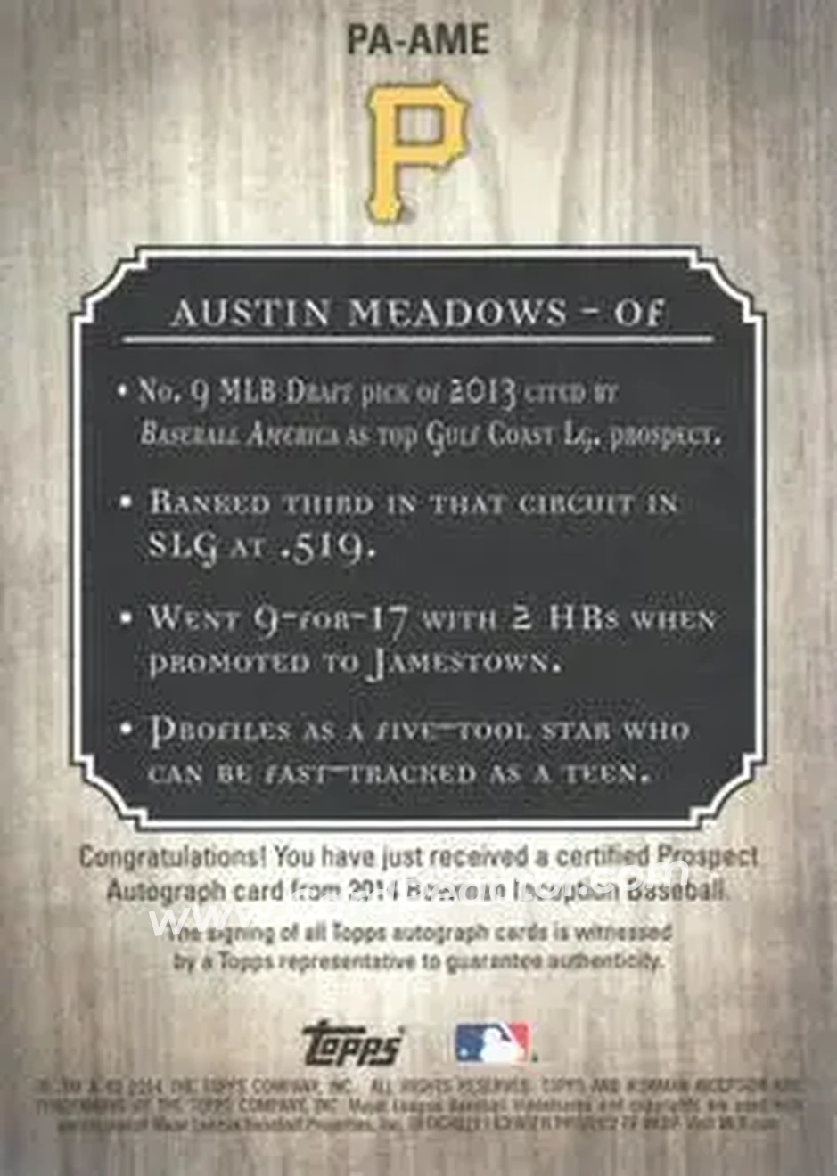 2014 Bowman Inception #PA-AME - Austin Meadows - Pittsburgh Pirates - Back