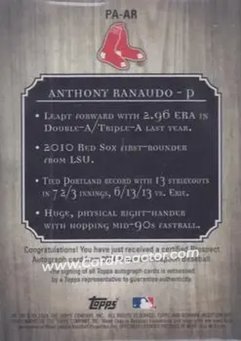 2014 Bowman Inception #PA-AR - Anthony Ranaudo - Boston Red Sox - Back