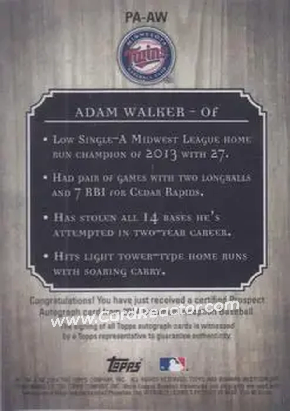 2014 Bowman Inception #PA-AW - Adam Walker - Minnesota Twins - Back