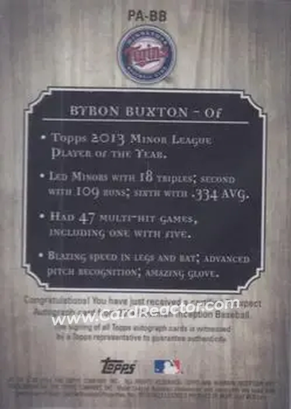 2014 Bowman Inception #PA-BB - Byron Buxton - Minnesota Twins - Back