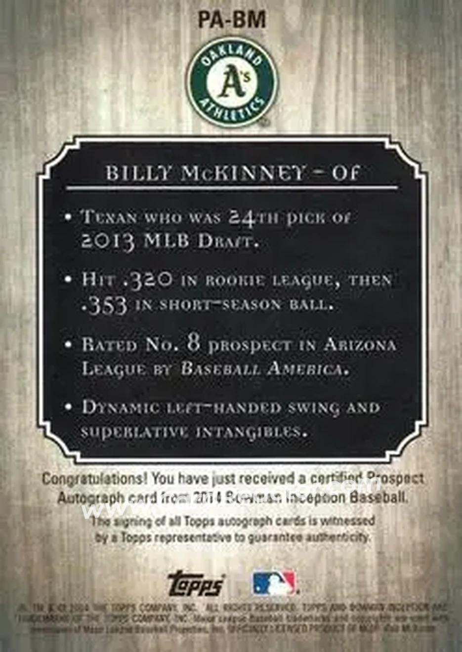 2014 Bowman Inception #PA-BM - Billy McKinney - Oakland Athletics - Back 2014 Bowman Inception #PA-BM - Billy McKinney - Oakland Athletics - Back