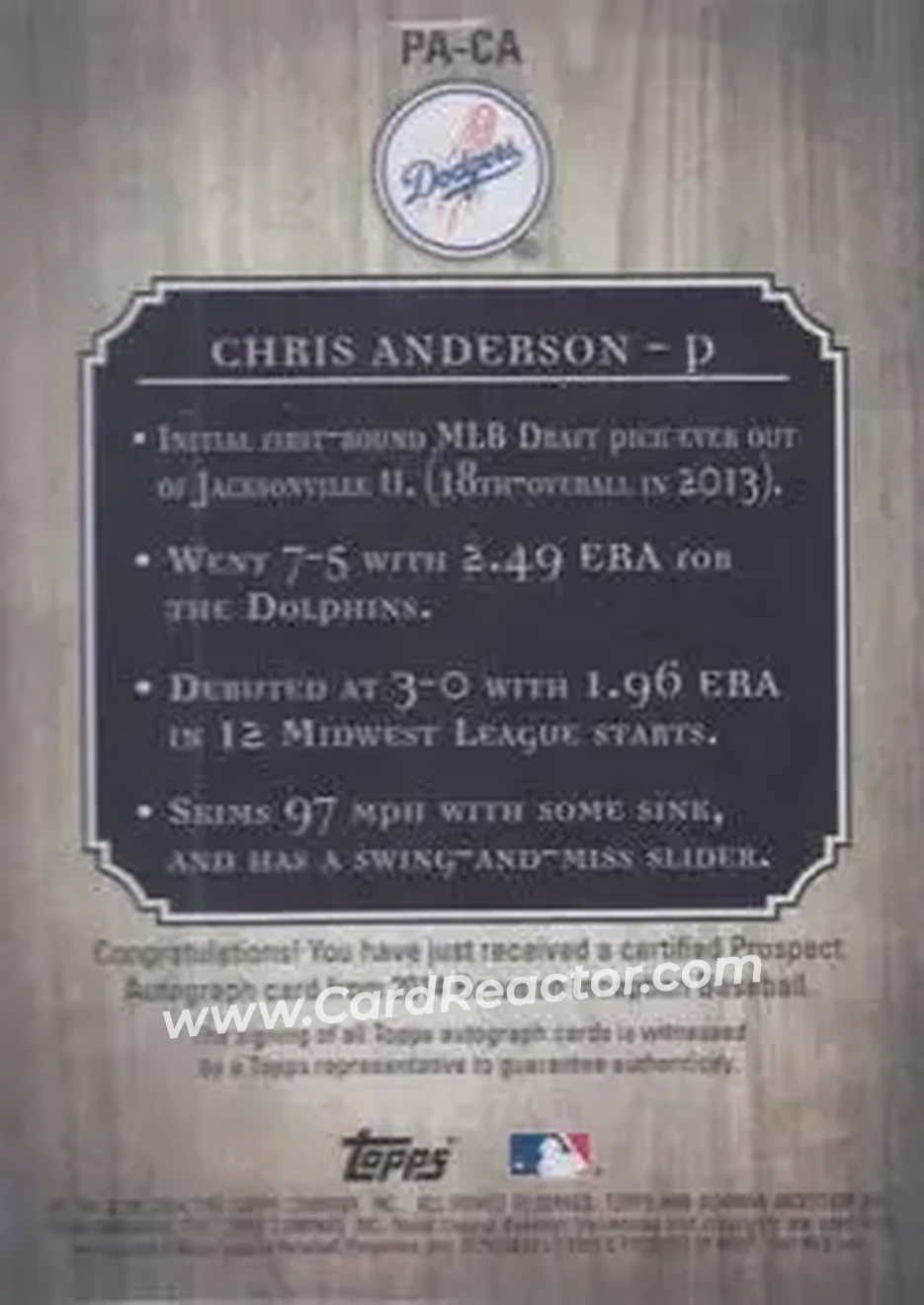 2014 Bowman Inception #PA-CA - Chris Anderson - Los Angeles Dodgers - Back