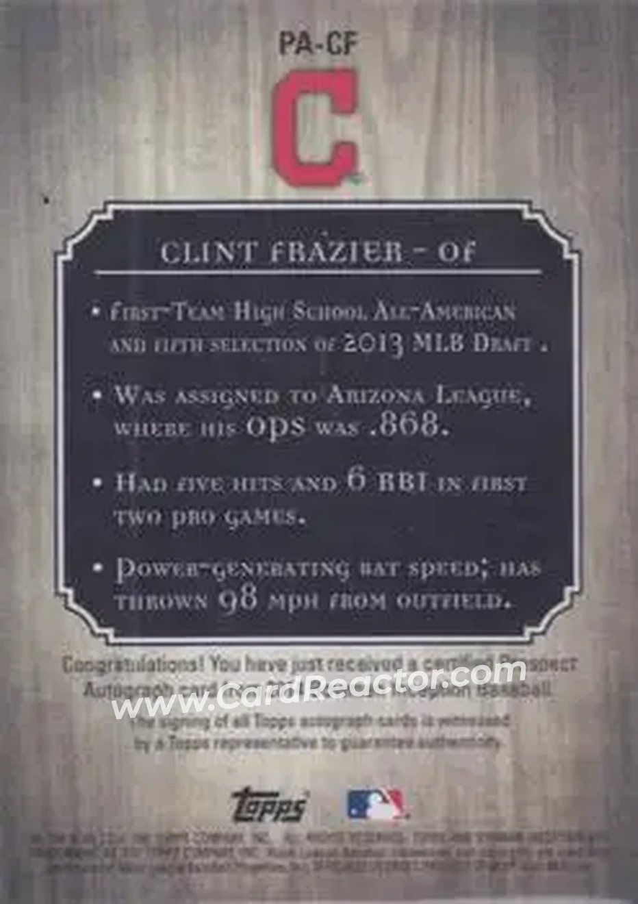 2014 Bowman Inception #PA-CF - Clint Frazier - Cleveland Indians - Back
