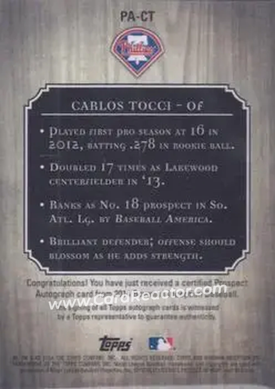 2014 Bowman Inception #PA-CT - Carlos Tocci - Philadelphia Phillies - Back