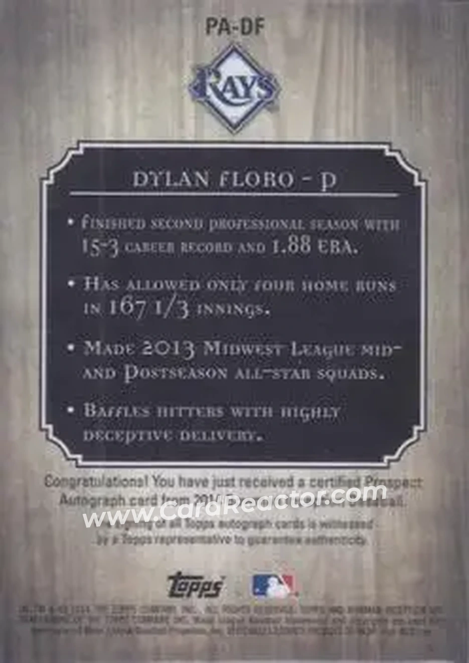 2014 Bowman Inception #PA-DF - Dylan Floro - Tampa Bay Rays - Back