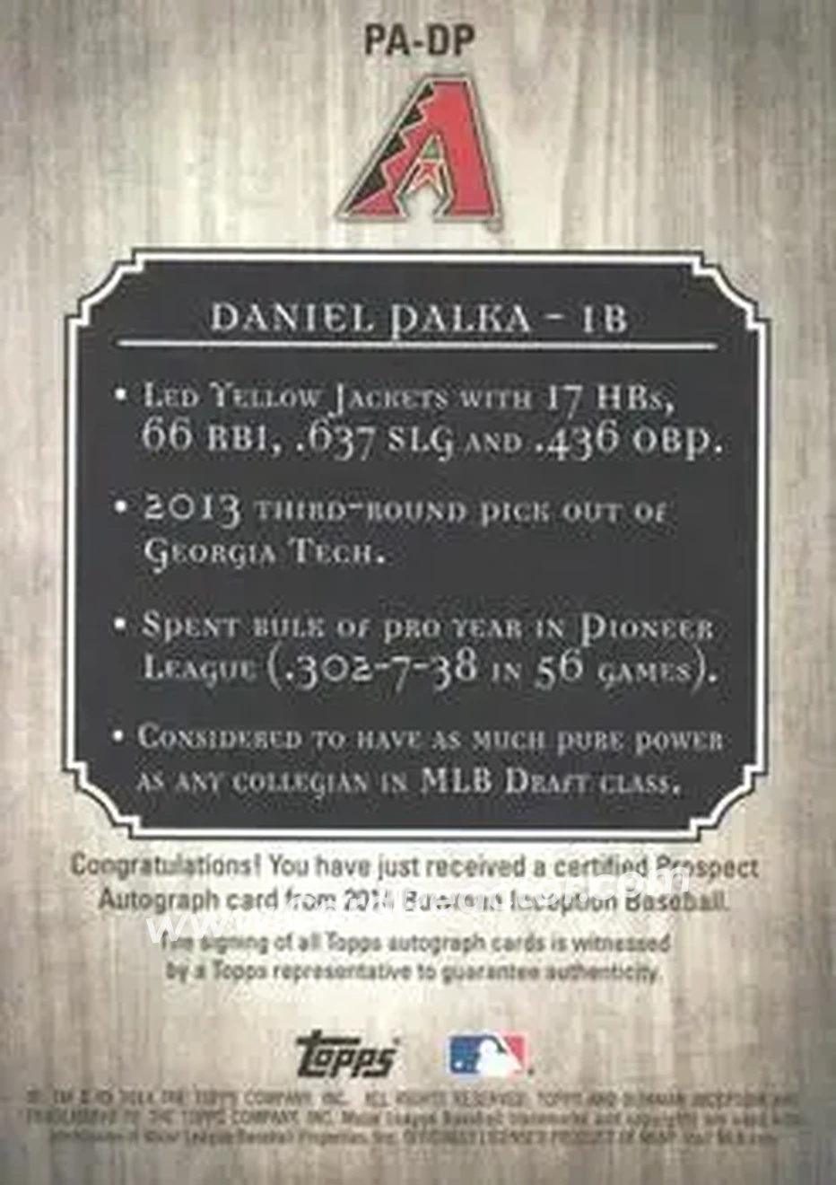 2014 Bowman Inception #PA-DP - Daniel Palka - Arizona Diamondbacks - Back