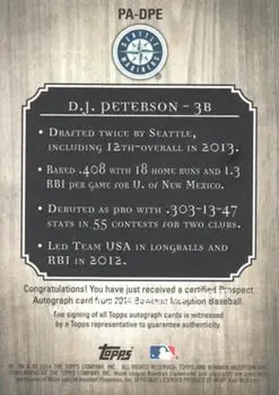 2014 Bowman Inception #PA-DPE - D.J. Peterson - Seattle Mariners - Back