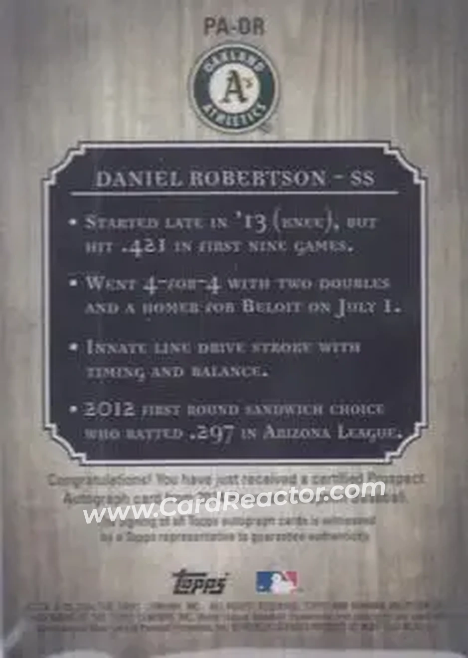 2014 Bowman Inception #PA-DR - Daniel Robertson - Oakland Athletics - Back
