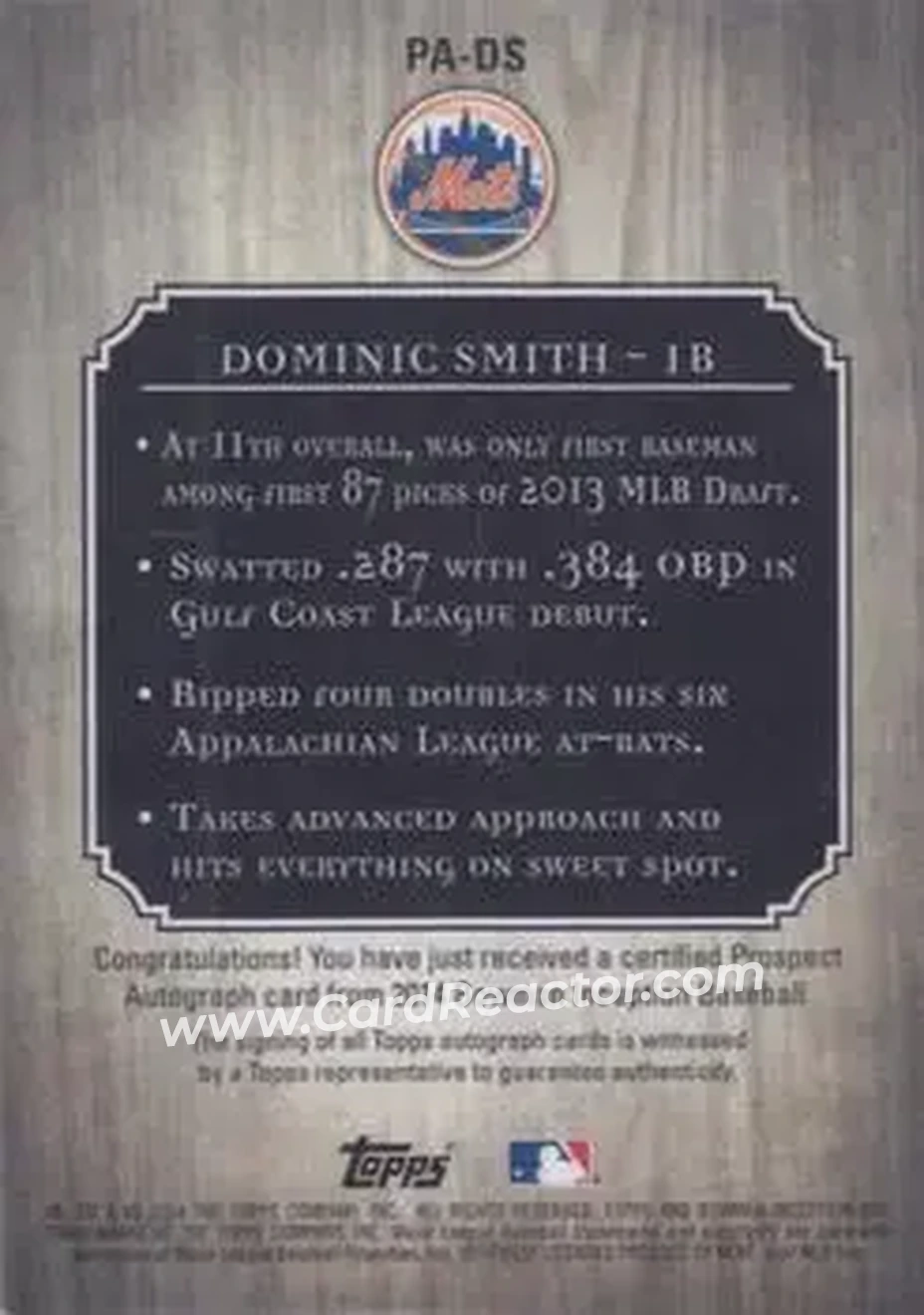 2014 Bowman Inception #PA-DS - Dominic Smith - New York Mets - Back
