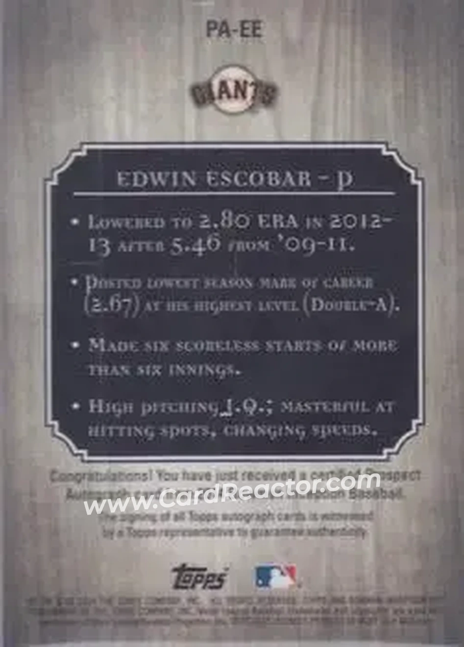 2014 Bowman Inception #PA-EE - Edwin Escobar - San Francisco Giants - Back