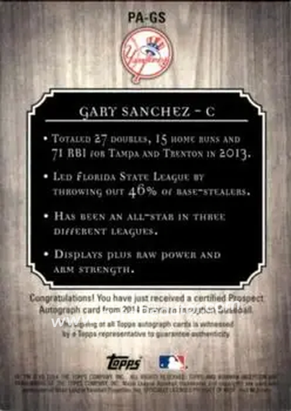 2014 Bowman Inception #PA-GS - Gary Sanchez - New York Yankees - Back