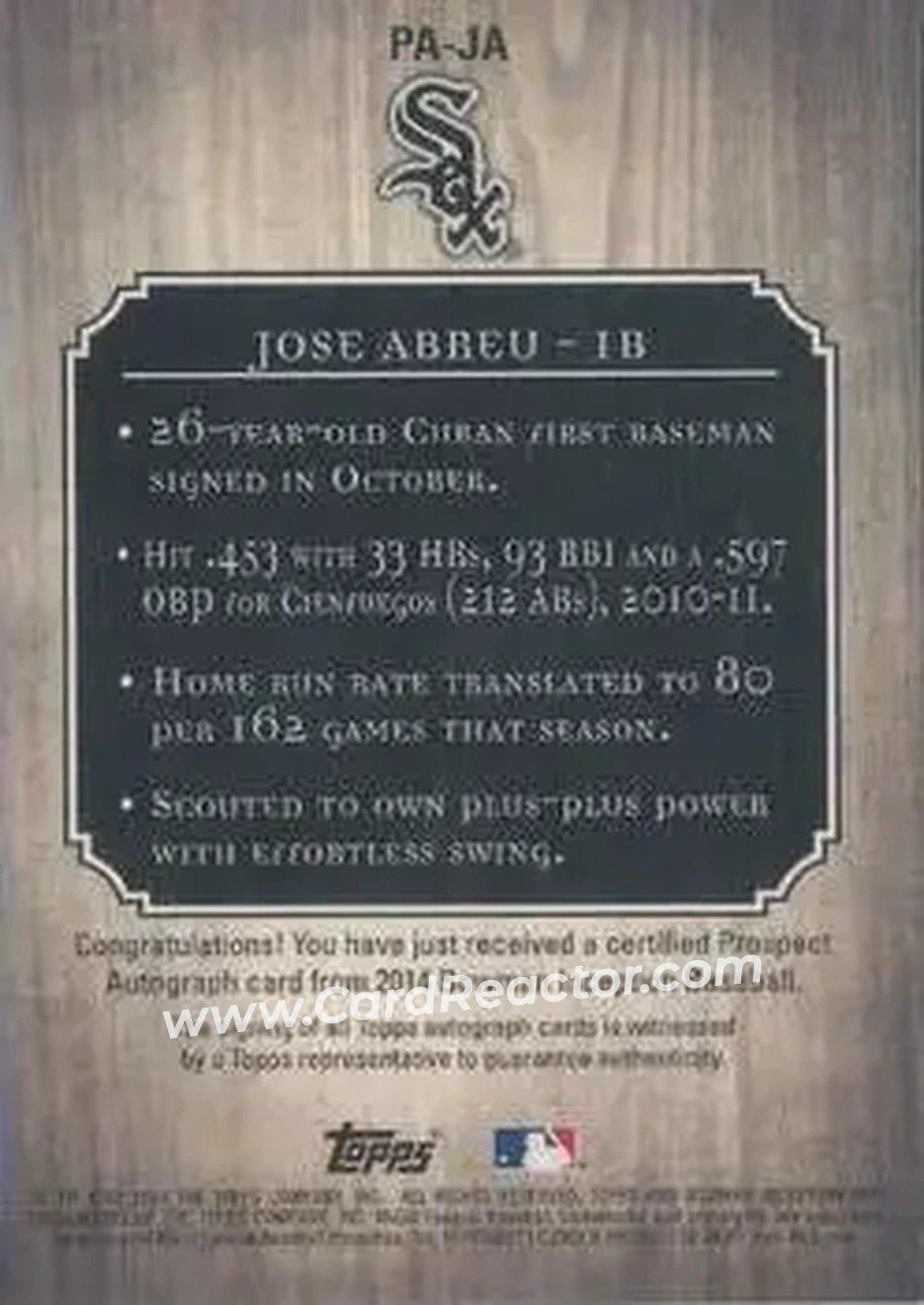 2014 Bowman Inception #PA-JA - Jose Abreu - Chicago White Sox - Back