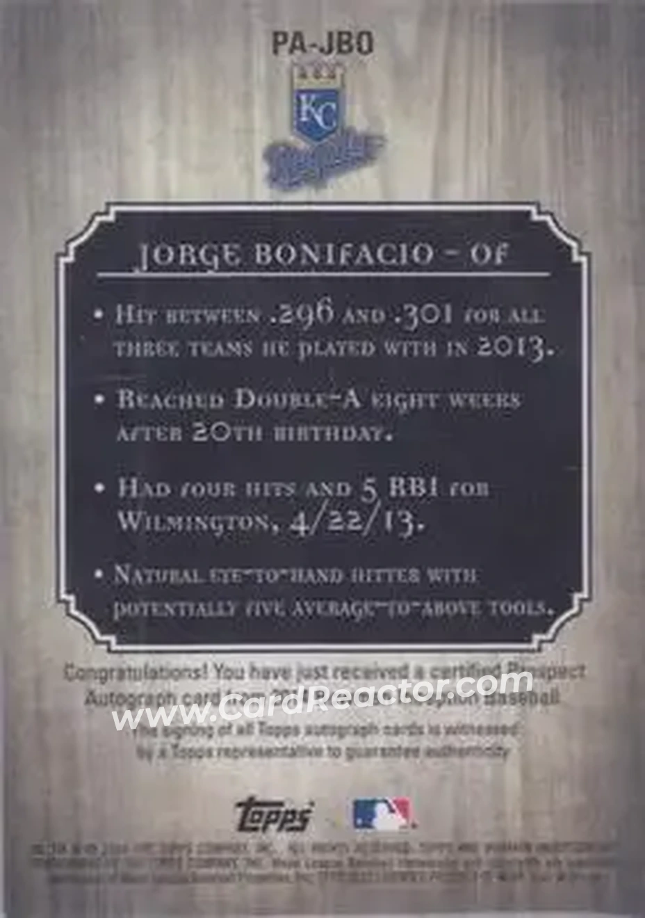 2014 Bowman Inception #PA-JBO - Jorge Bonifacio - Kansas City Royals - Back