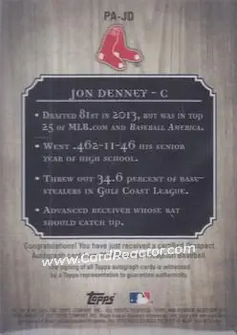 2014 Bowman Inception #PA-JD - Jon Denney - Boston Red Sox - Back