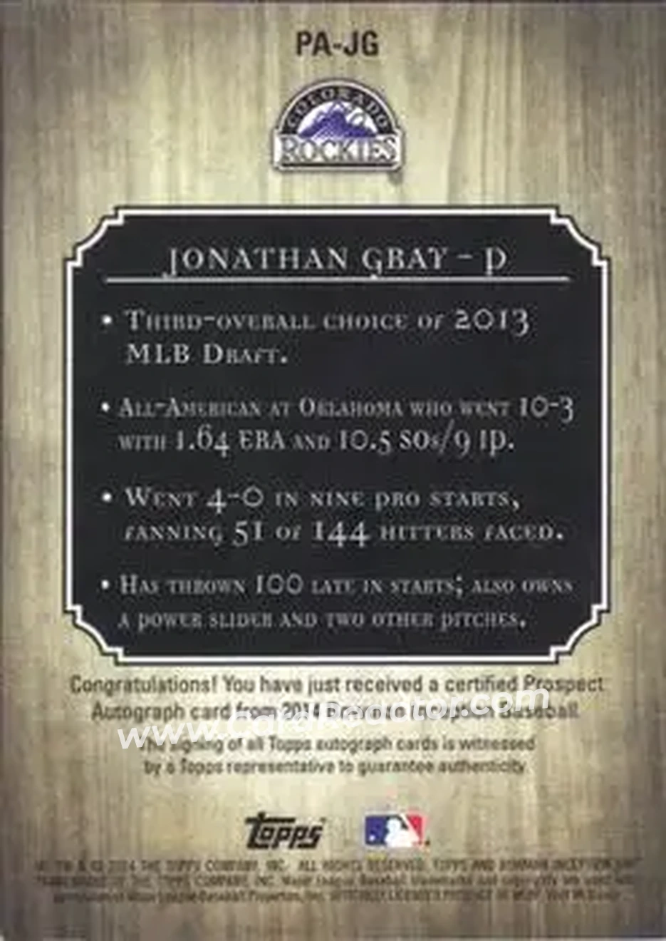 2014 Bowman Inception #PA-JG - Jon Gray - Colorado Rockies - Back 2014 Bowman Inception #PA-JG - Jon Gray - Colorado Rockies - Back