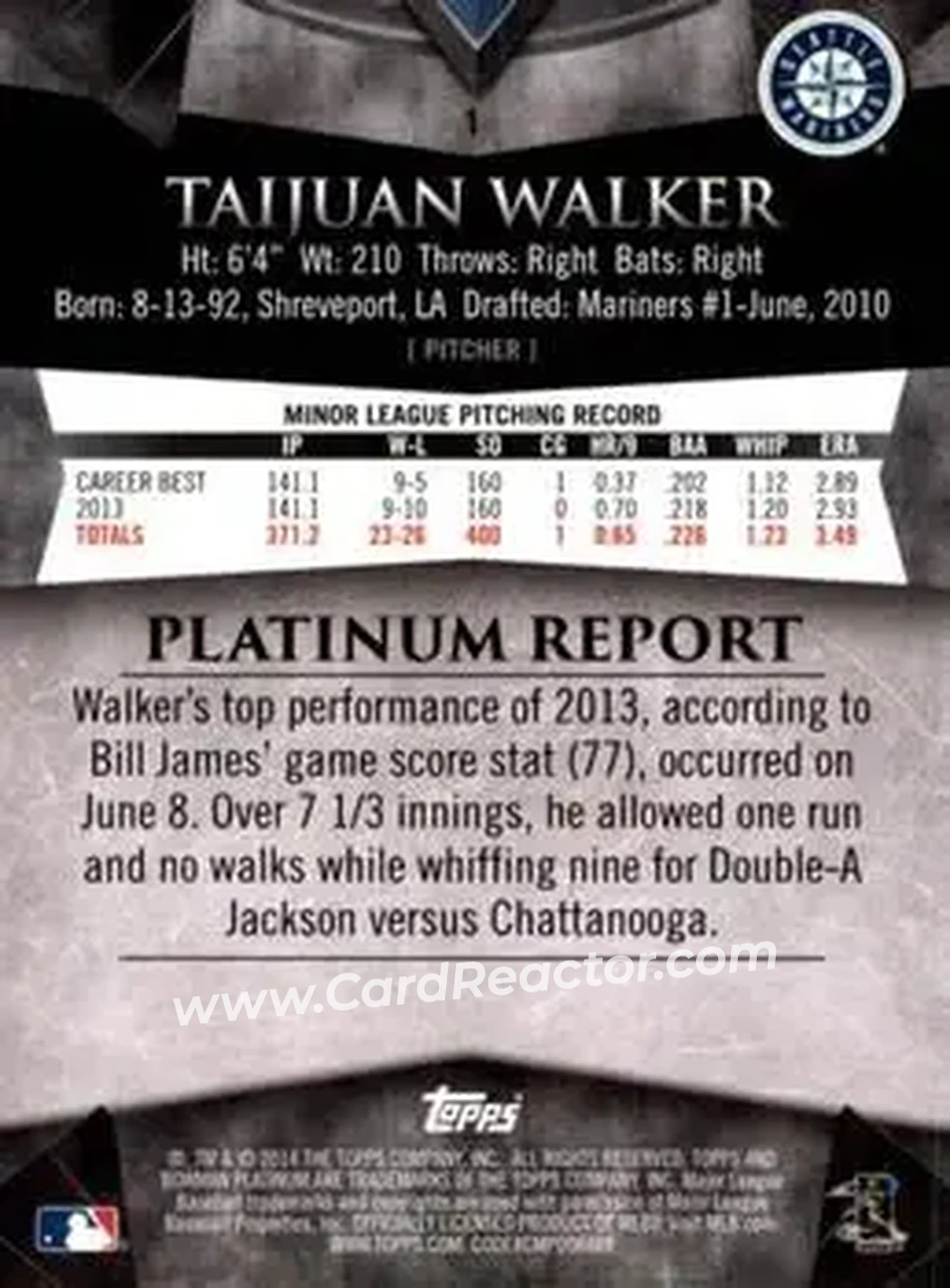 2014 Bowman Platinum #1 - Taijuan Walker - Seattle Mariners - Back
