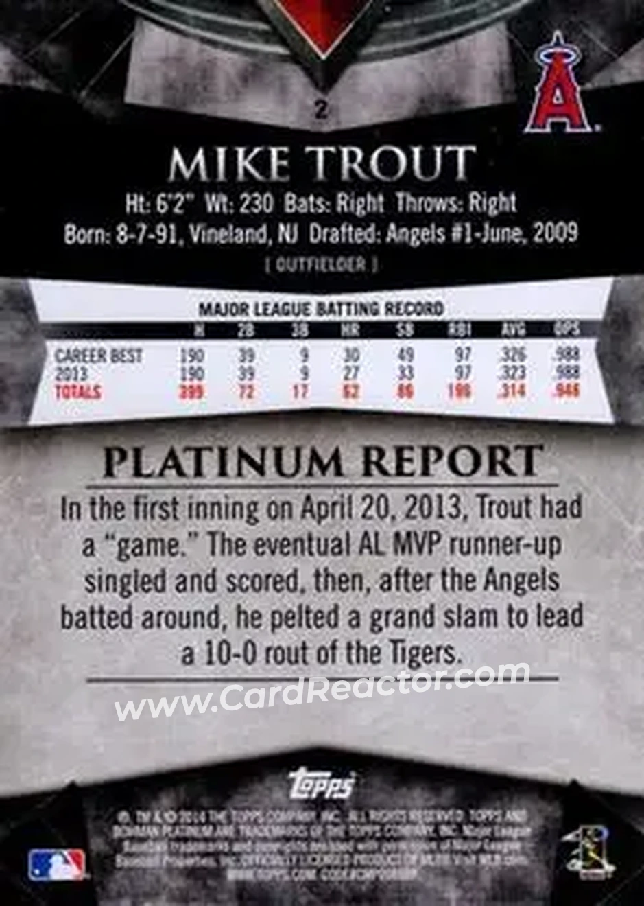 2014 Bowman Platinum #2 - Mike Trout - Los Angeles Angels - Back