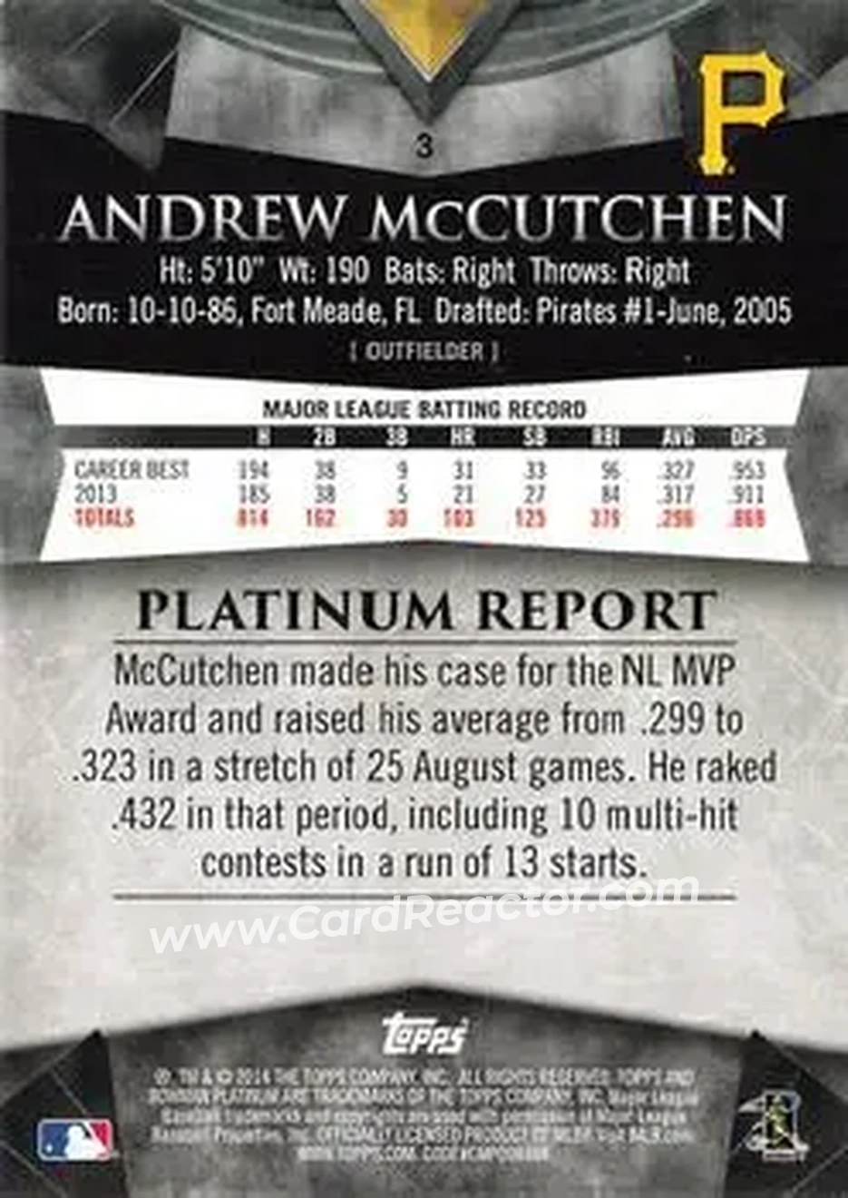 2014 Bowman Platinum #3 - Andrew McCutchen - Pittsburgh Pirates - Back 2014 Bowman Platinum #3 - Andrew McCutchen - Pittsburgh Pirates - Back