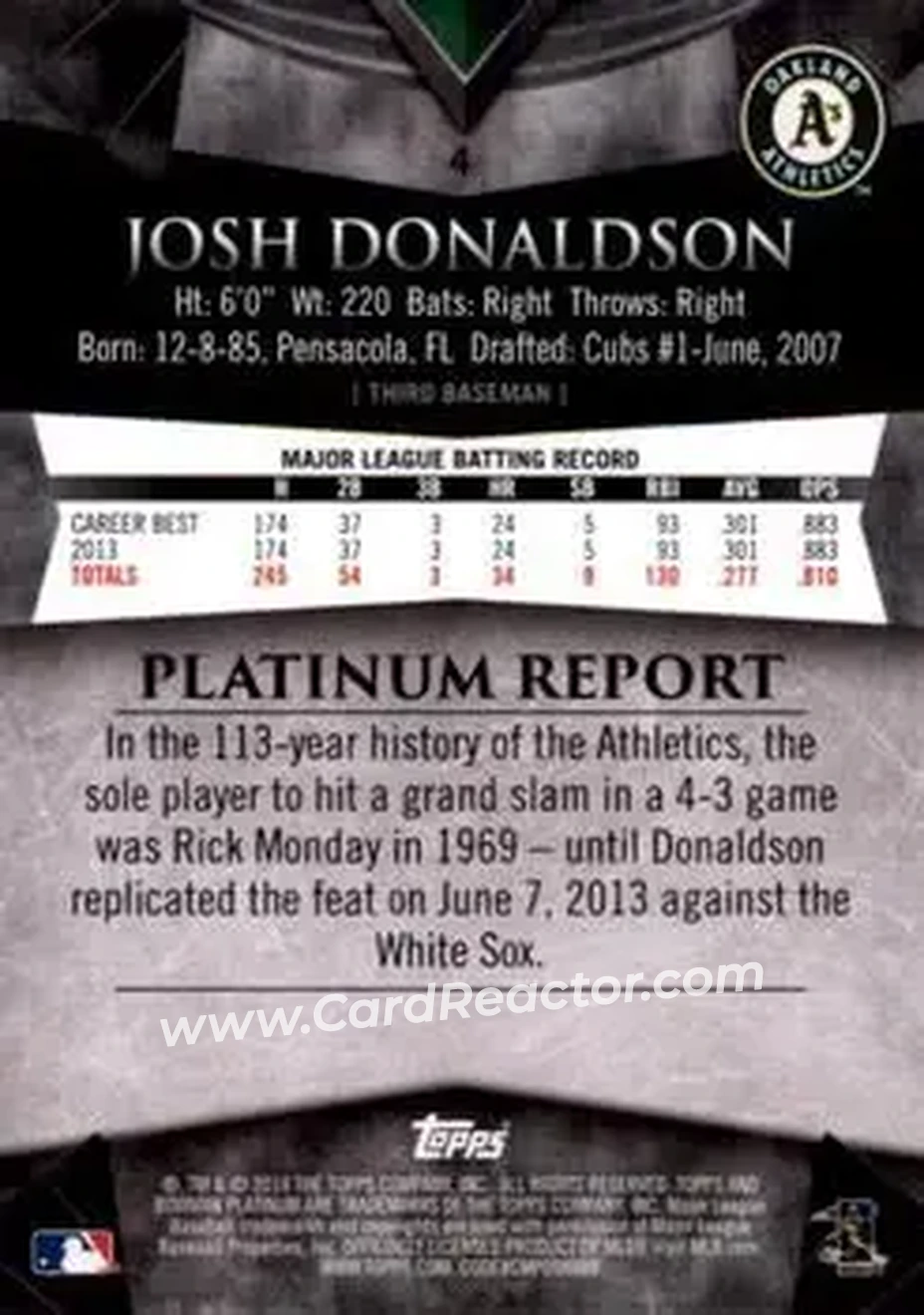 2014 Bowman Platinum #4 - Josh Donaldson - Oakland Athletics - Back