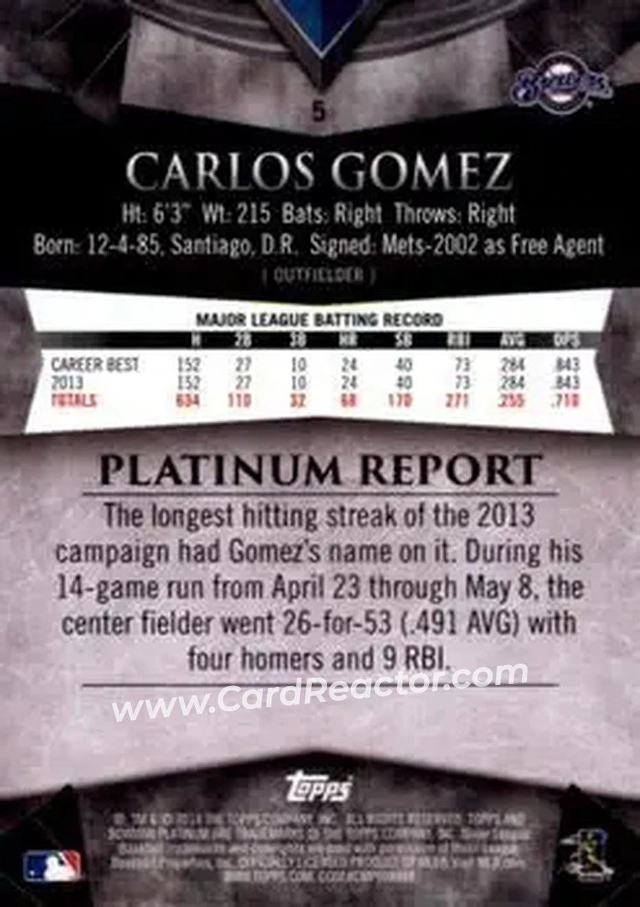 2014 Bowman Platinum #5 - Carlos Gomez - Milwaukee Brewers - Back 2014 Bowman Platinum #5 - Carlos Gomez - Milwaukee Brewers - Back