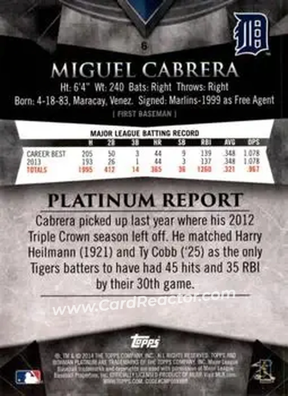 2014 Bowman Platinum #6 - Miguel Cabrera - Detroit Tigers - Back 2014 Bowman Platinum #6 - Miguel Cabrera - Detroit Tigers - Back