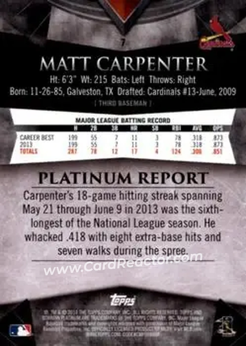 2014 Bowman Platinum #7 - Matt Carpenter - St. Louis Cardinals - Back