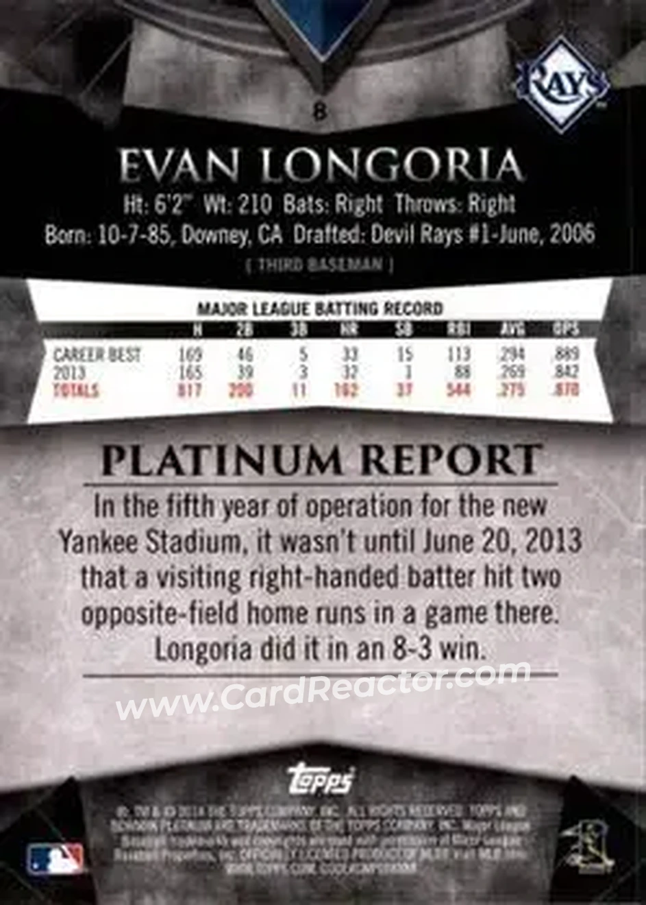 2014 Bowman Platinum #8 - Evan Longoria - Tampa Bay Rays - Back