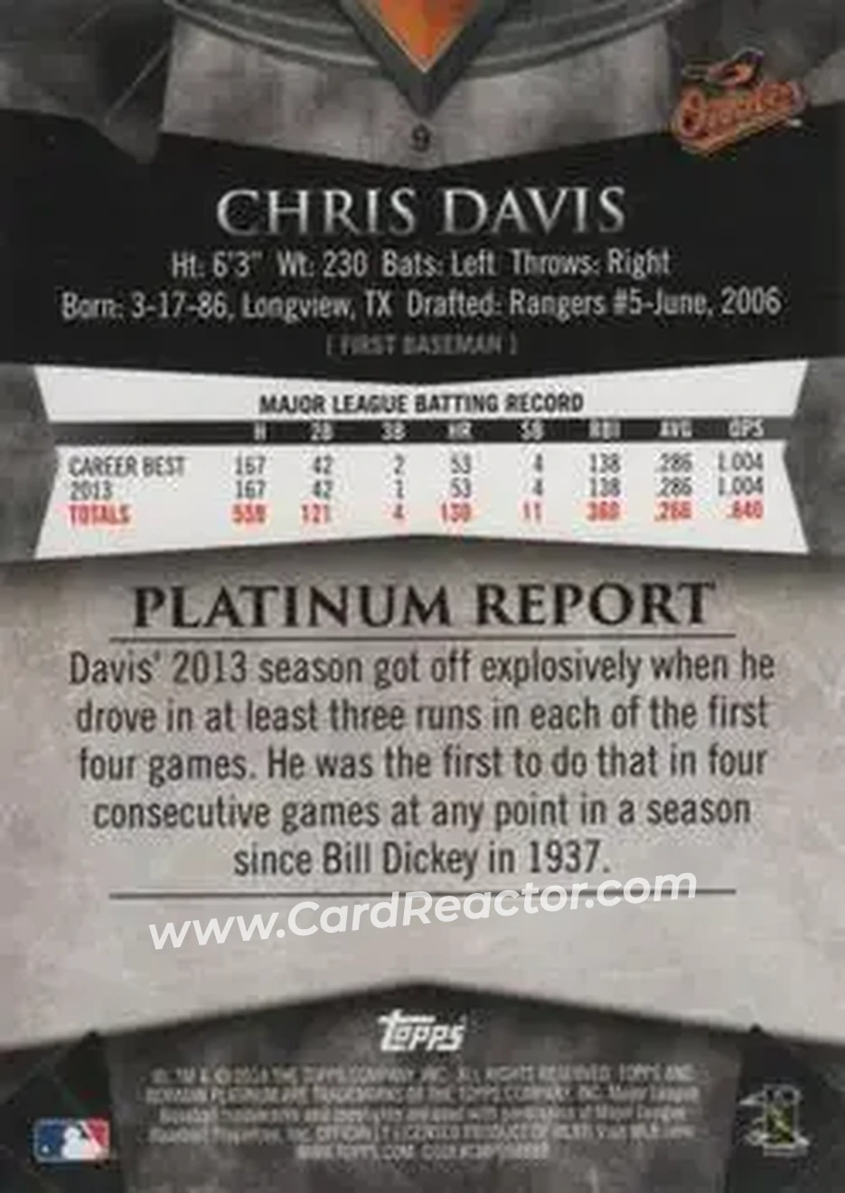 2014 Bowman Platinum #9 - Chris Davis - Baltimore Orioles - Back