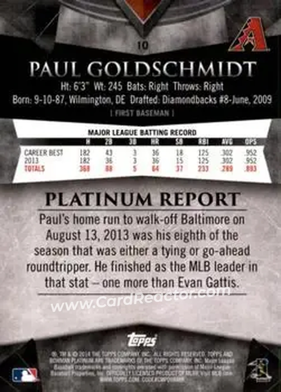 2014 Bowman Platinum #10 - Paul Goldschmidt - Arizona Diamondbacks - Back 2014 Bowman Platinum #10 - Paul Goldschmidt - Arizona Diamondbacks - Back
