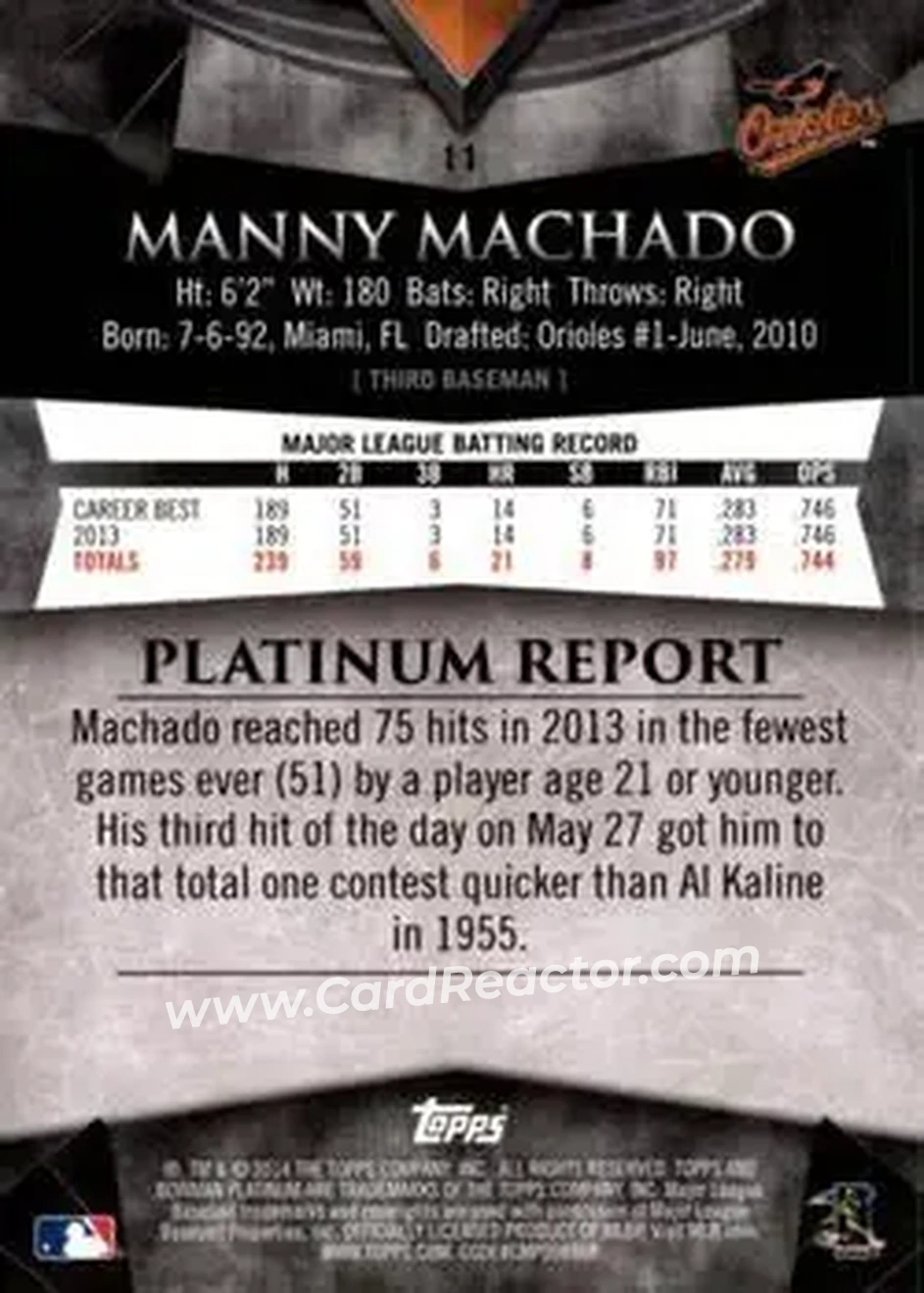 2014 Bowman Platinum #11 - Manny Machado - Baltimore Orioles - Back