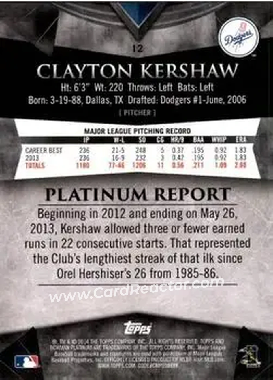 2014 Bowman Platinum #12 - Clayton Kershaw - Los Angeles Dodgers - Back 2014 Bowman Platinum #12 - Clayton Kershaw - Los Angeles Dodgers - Back