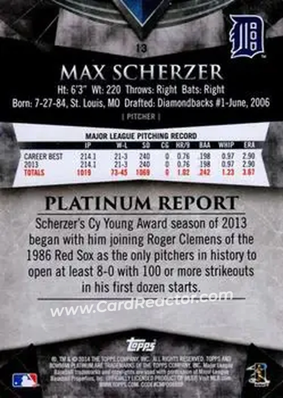 2014 Bowman Platinum #13 - Max Scherzer - Detroit Tigers - Back
