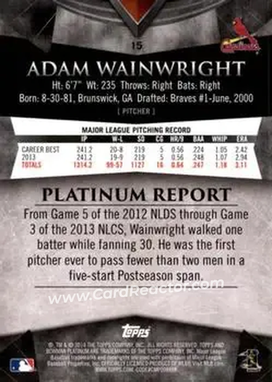 2014 Bowman Platinum #15 - Adam Wainwright - St. Louis Cardinals - Back