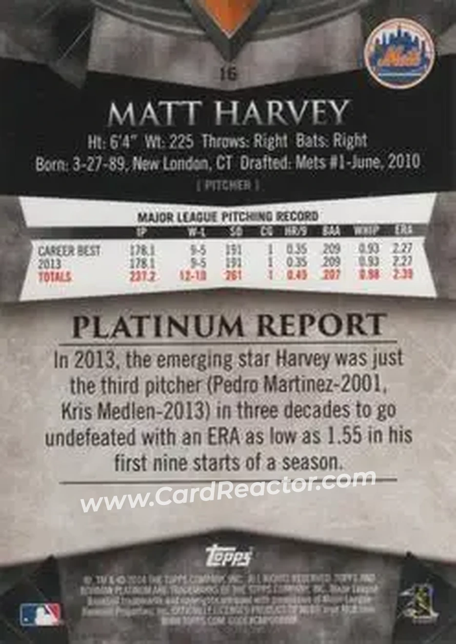 2014 Bowman Platinum #16 - Matt Harvey - New York Mets - Back 2014 Bowman Platinum #16 - Matt Harvey - New York Mets - Back